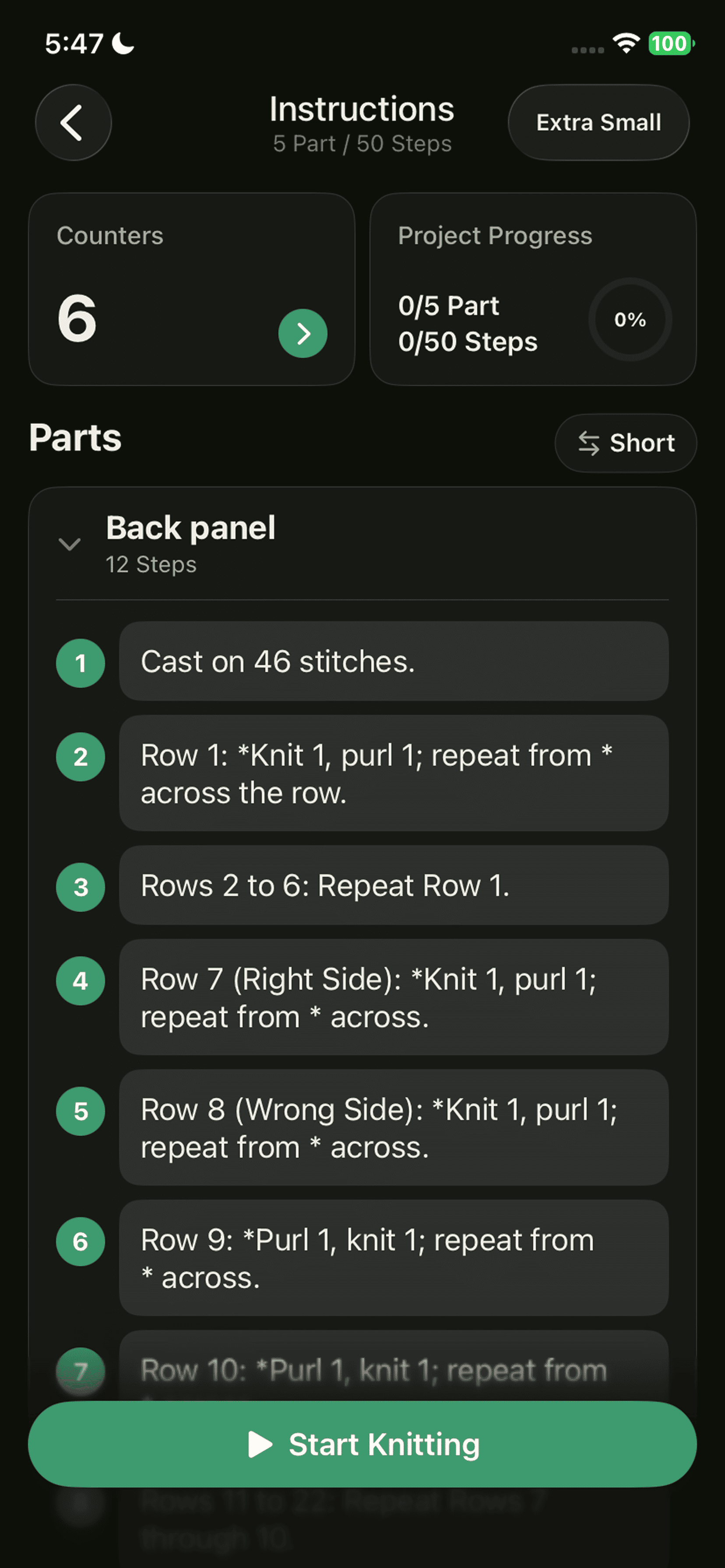 Yarnzy pattern instructions, step-by-step rows and counters