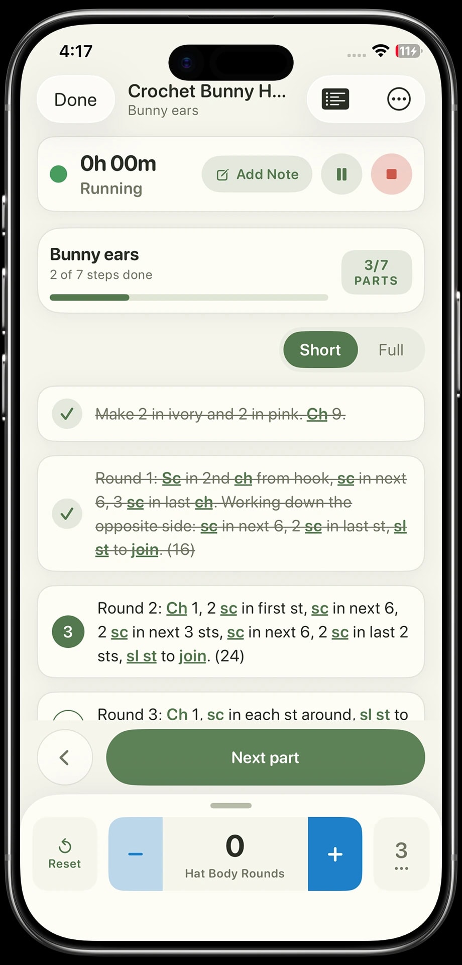 A crochet pattern split into parts and numbered rounds, with a timer and row counter