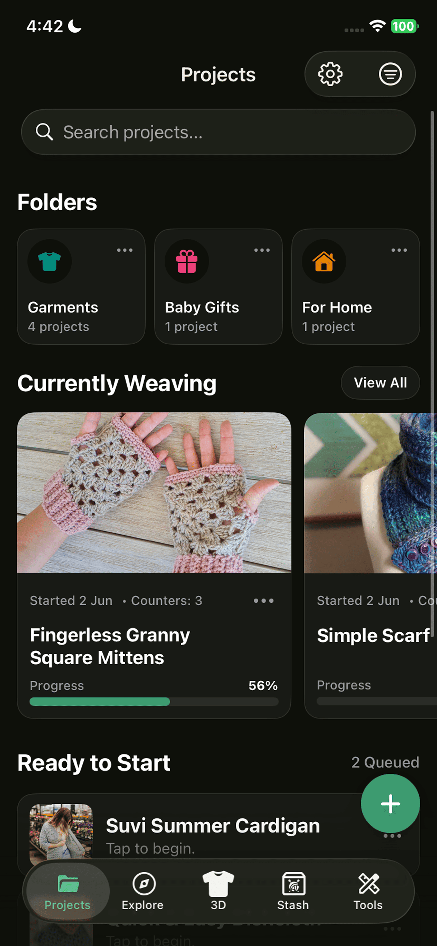 Yarnzy app projects, folders and currently weaving projects