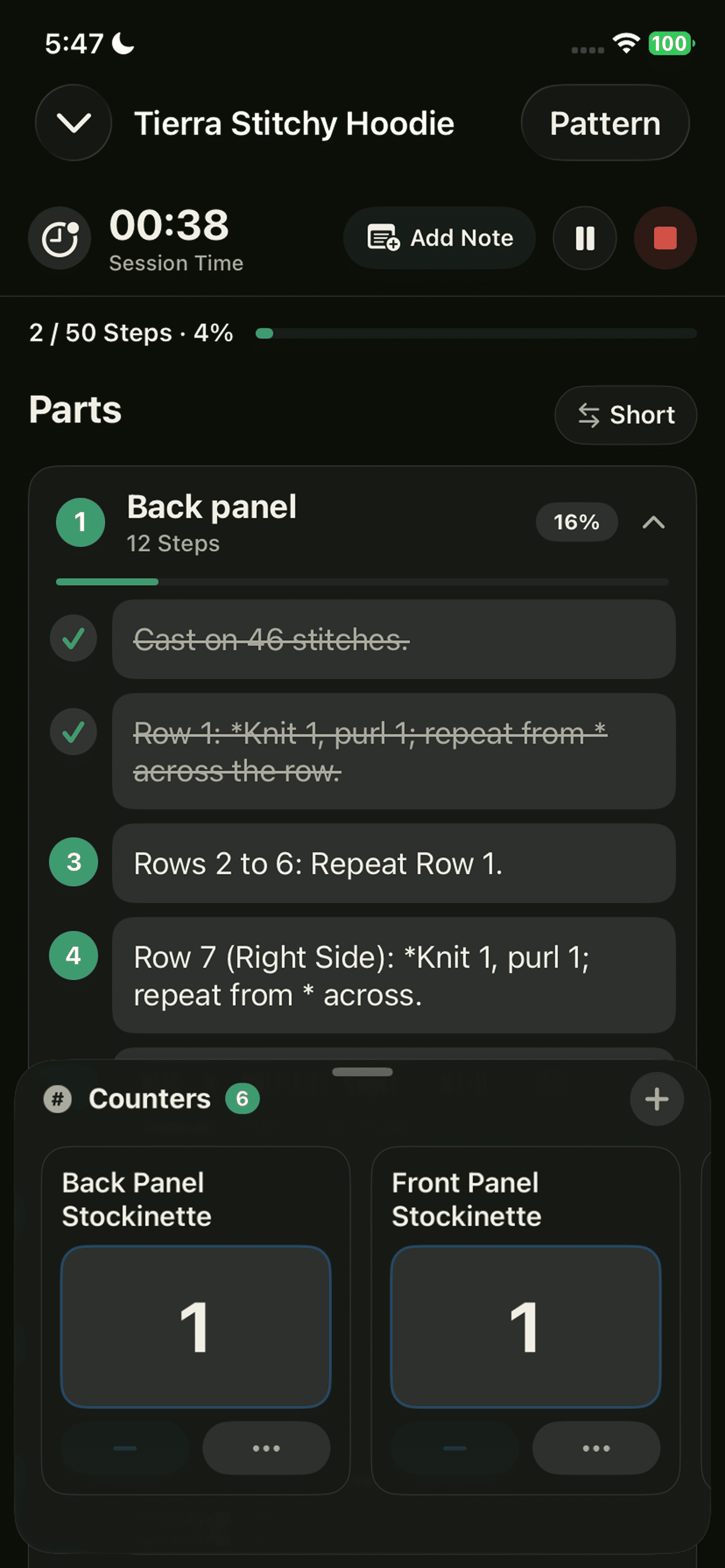 Yarnzy knitting session, live row counters, timer, and progress