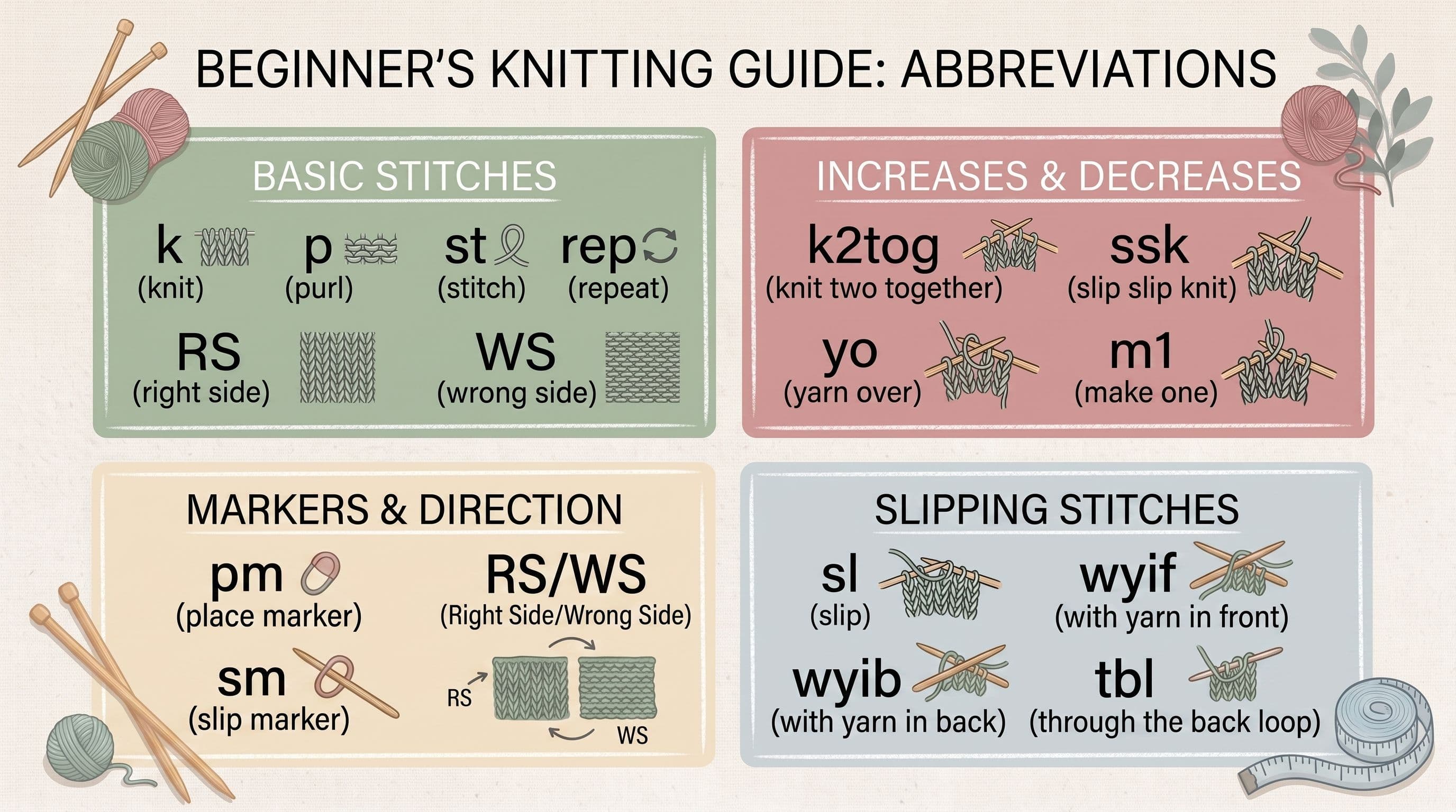 Quick reference card for common knitting abbreviations organized by category: basic stitches, increases/decreases, markers, and slipping stitches
