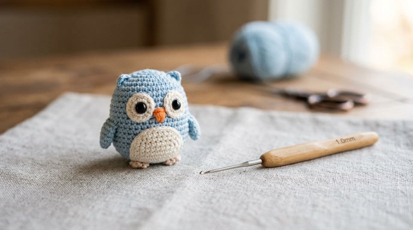 A small amigurumi crochet toy next to the smaller hook size used to keep stitches tight
