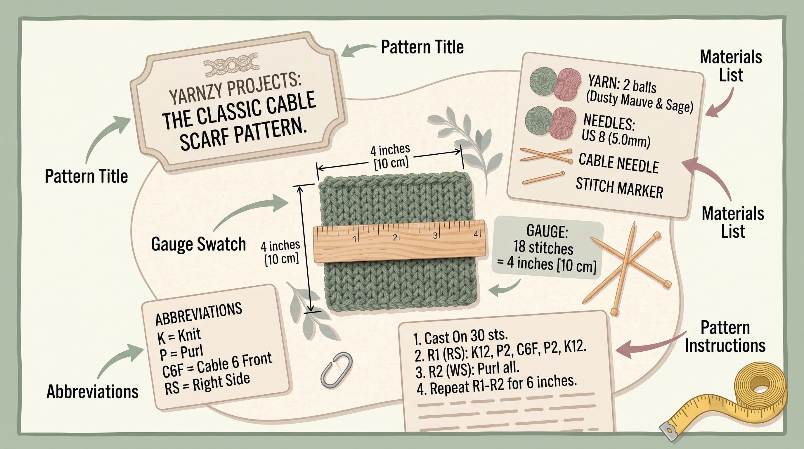 Visual breakdown of a knitting pattern's main sections: title, materials, gauge, abbreviations, and instructions