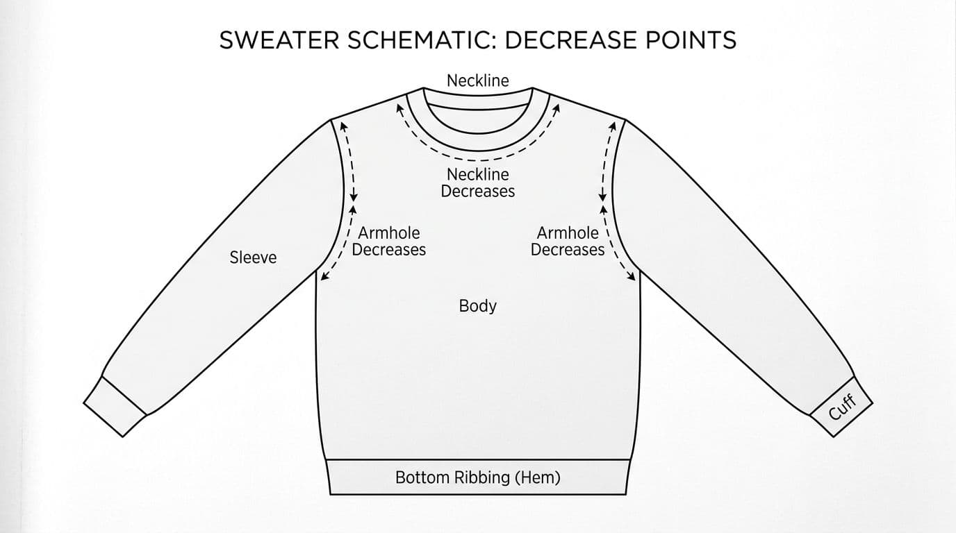 Simple sweater schematic diagram showing simultaneous shaping at armholes and neckline