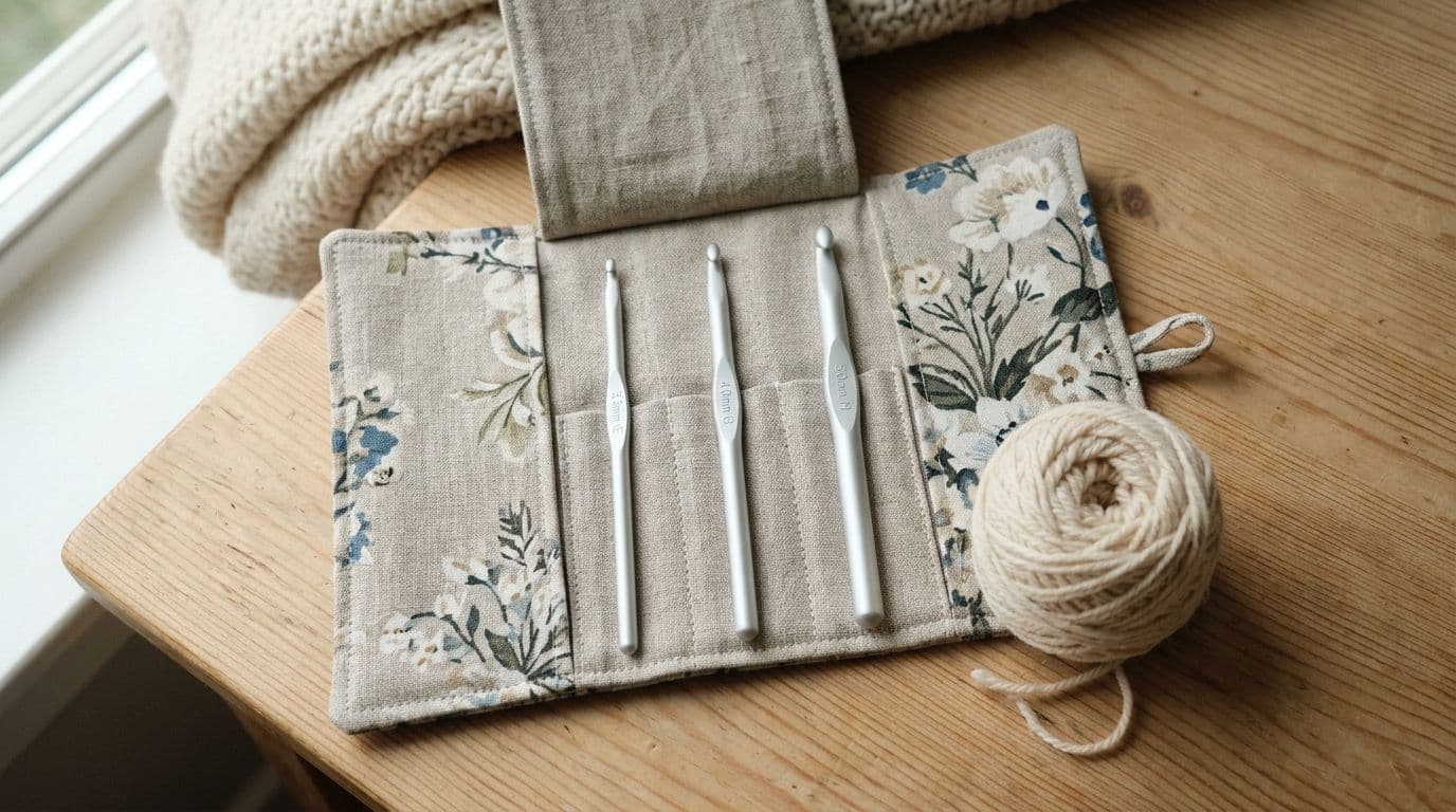 A beginner set of three crochet hooks in graduated sizes with a ball of worsted weight yarn