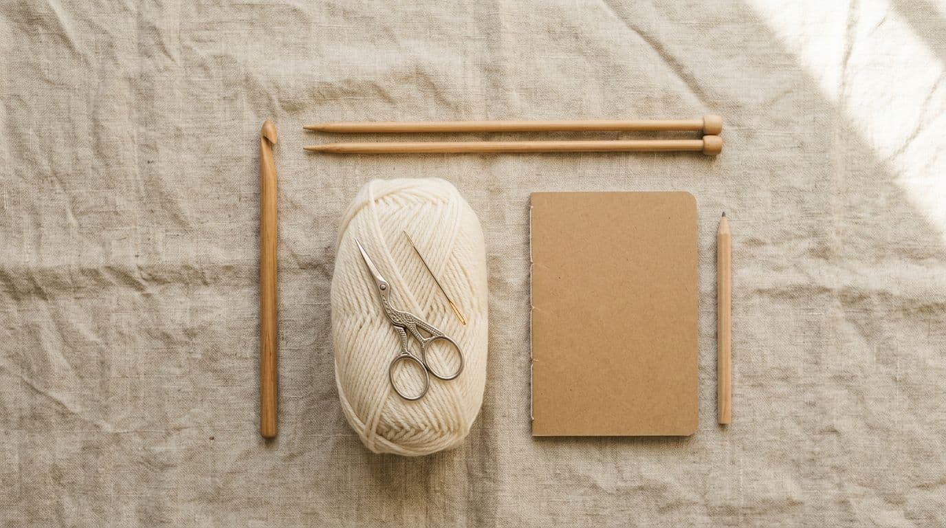 Essential beginner crochet and knitting tool kit — hook, needles, scissors, tapestry needle, row counter