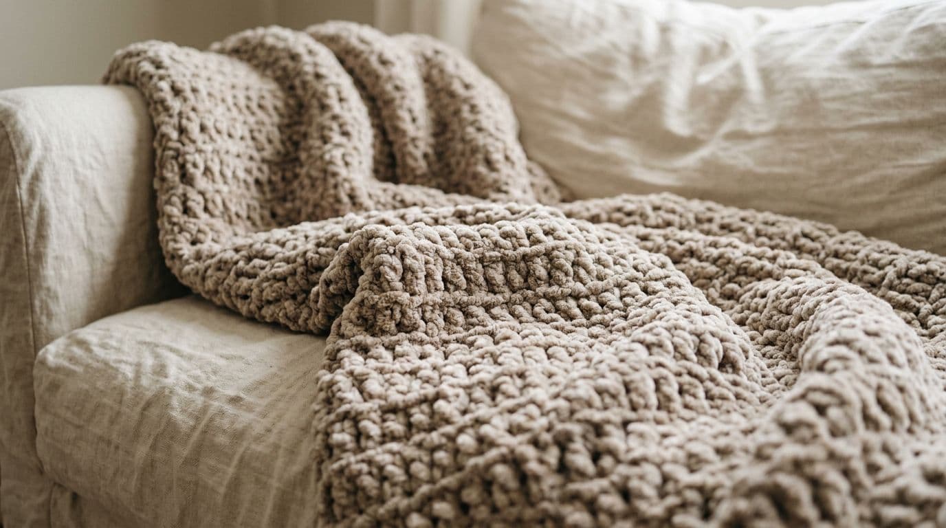 Finished crocheted chunky throw in plush chenille-style polyester yarn, showing the soft texture a Bernat Blanket substitute needs to match.