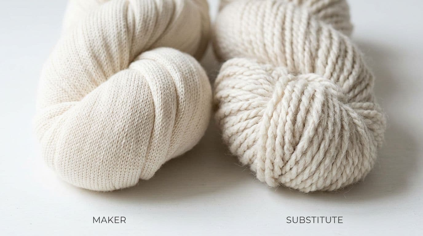 Bernat Maker bulky cotton-nylon tube yarn beside a bulky cotton-blend substitute, showing the difference in texture for yarn substitutes.