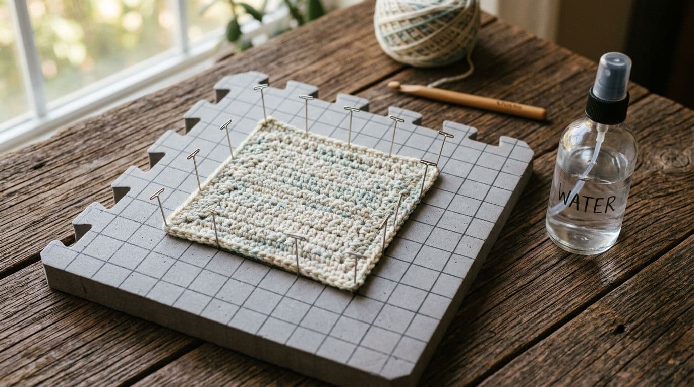 A crochet swatch pinned flat to a blocking mat with T-pins and a spray bottle beside it showing how to wet block crochet