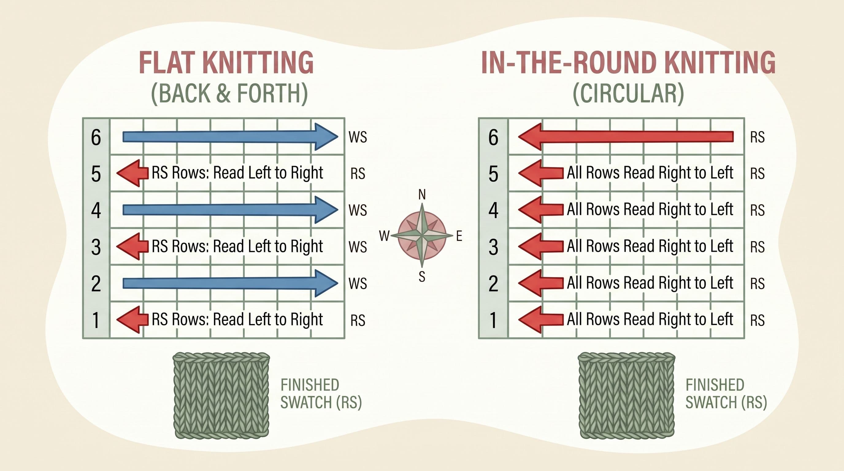 Diagram showing the difference between reading charts for flat knitting (alternating directions) versus in-the-round knitting (all right to left)