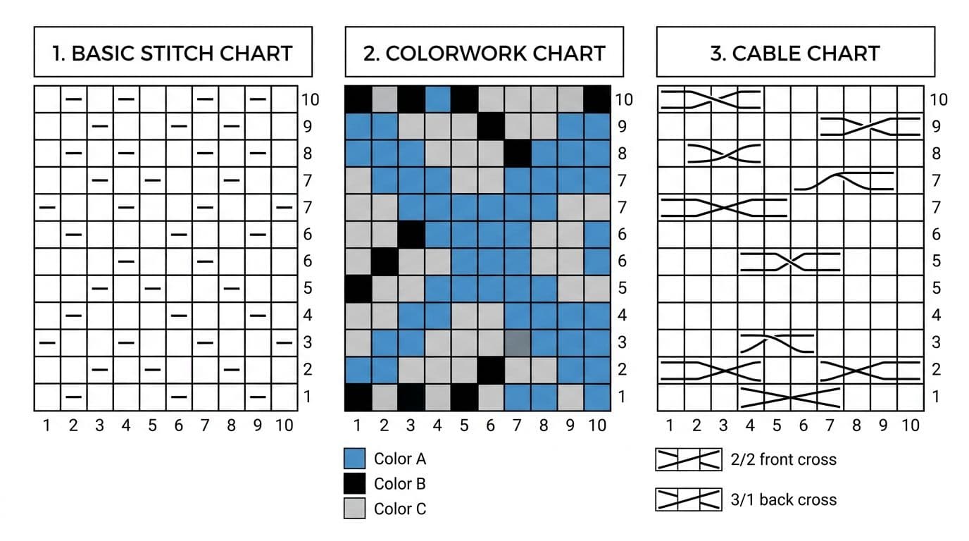 Side-by-side comparison of three chart types: basic stitch, colorwork, and cable charts