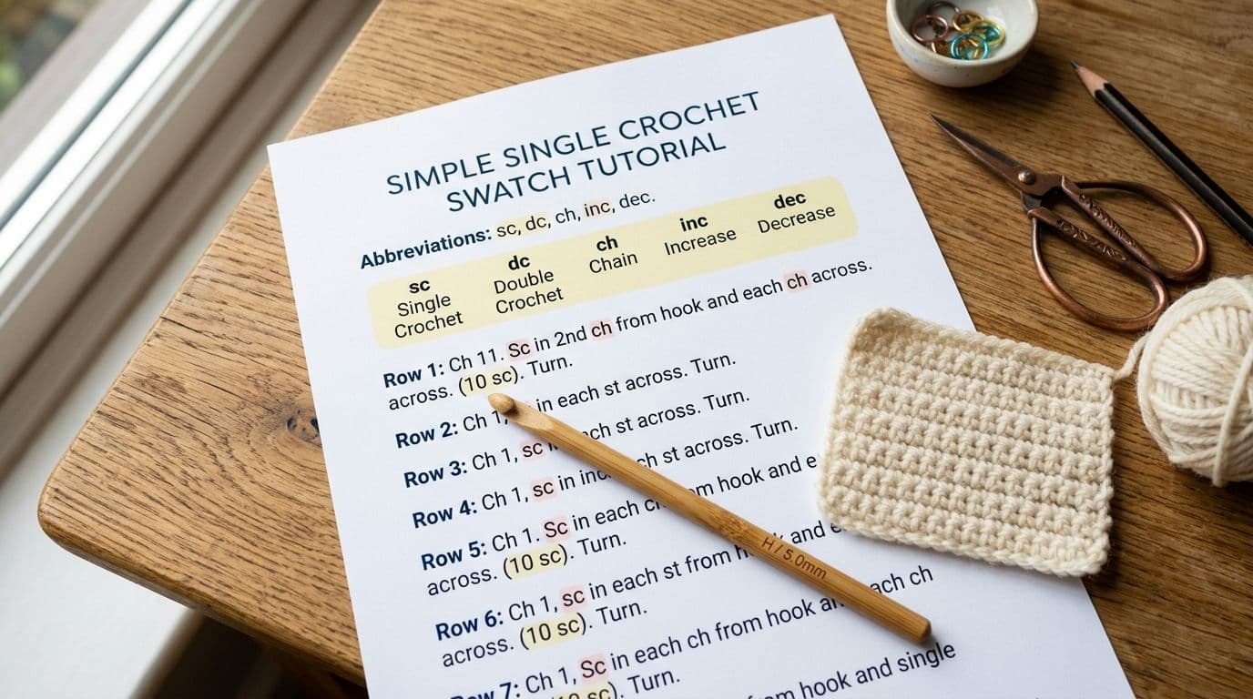 Crochet pattern page showing common abbreviations with hook and yarn swatch on wooden desk