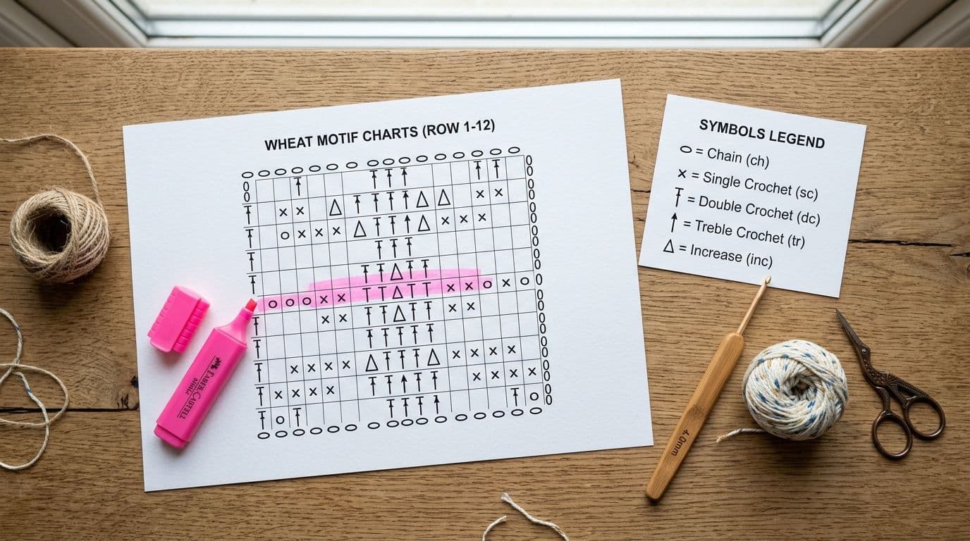 Crochet stitch symbols chart showing visual symbols mapped to written abbreviations with reference guide