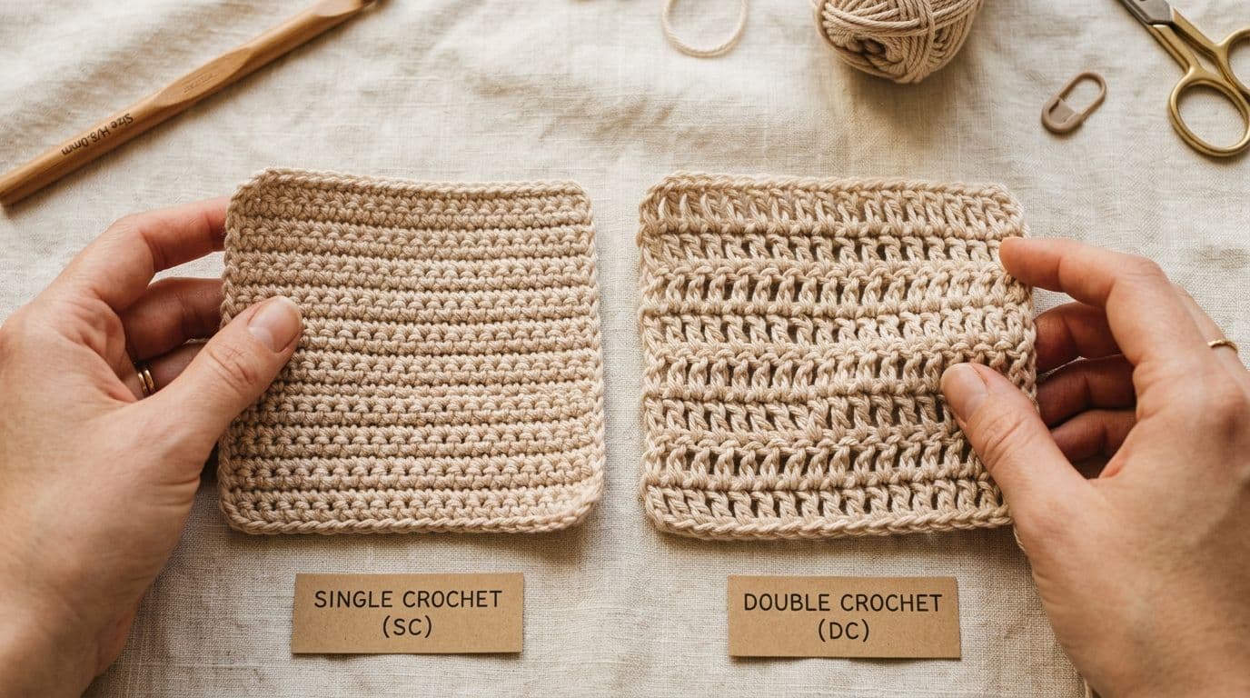 Side-by-side crochet swatches comparing single crochet and double crochet stitch density and appearance