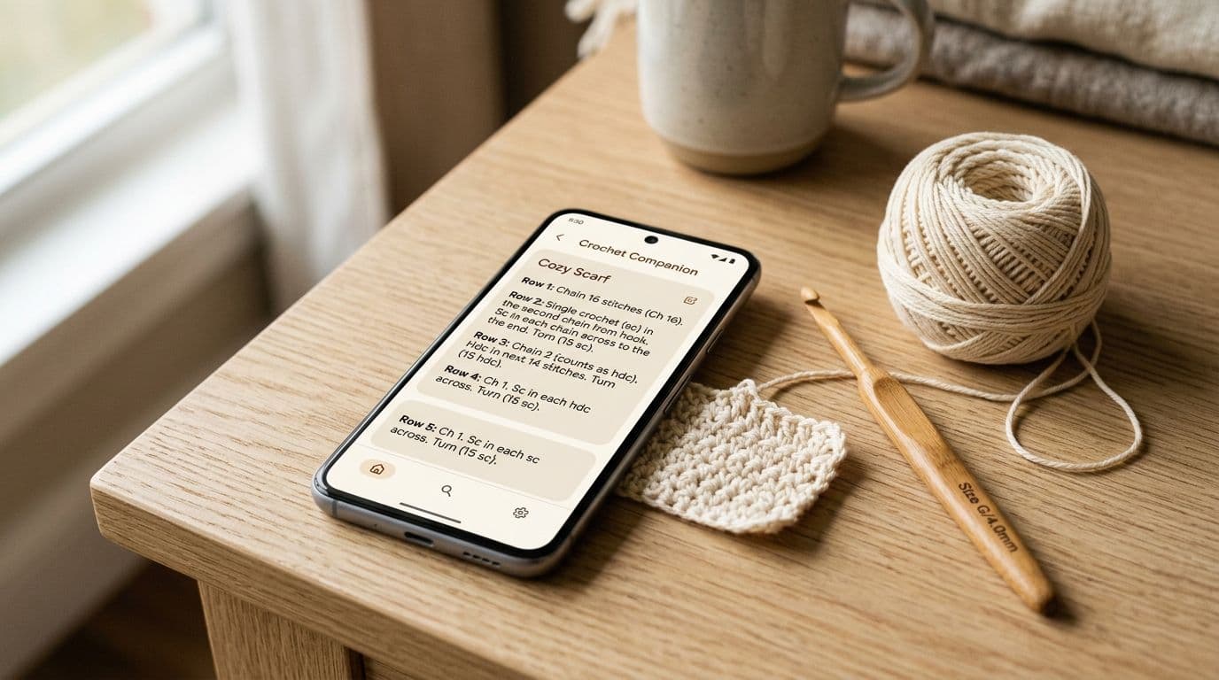 Smartphone showing a crochet pattern converted into plain-English step-by-step instructions beside a hook and yarn Yarnzy AI pattern reader for beginners