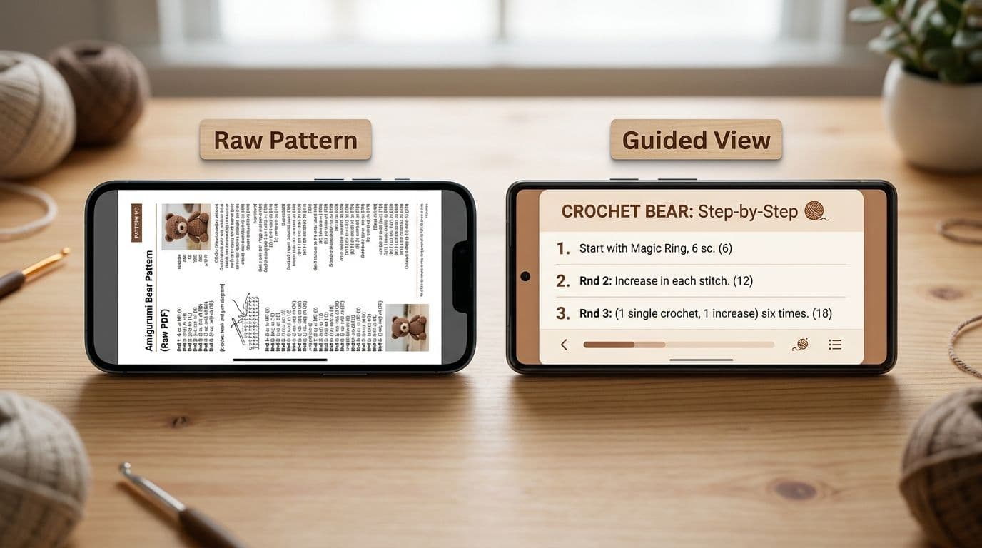 Two phones comparing a raw crochet PDF pattern versus a guided plain-English instruction view pattern storage vs explanation in beginner crochet apps