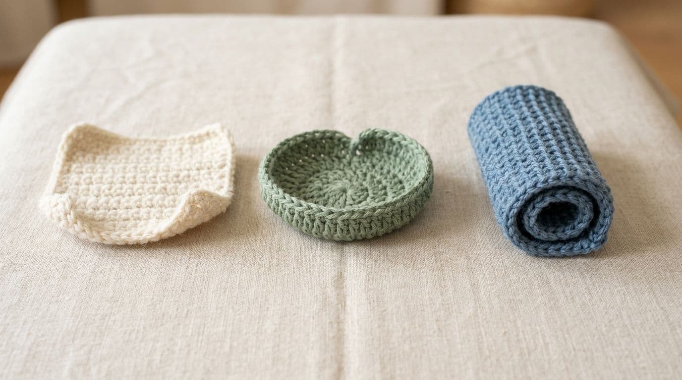 Three crochet pieces showing different curl types a blanket with a tight foundation edge, a cupped circle, and a rolled Tunisian swatch