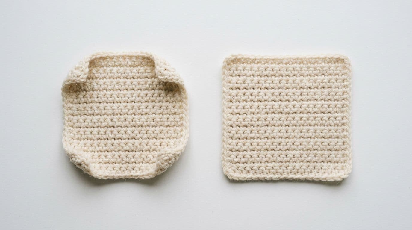 Two crochet swatches side by side one curling at the edges and one lying flat showing the difference good tension makes