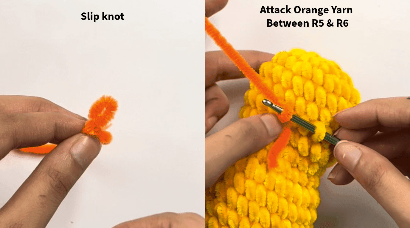 Photos showing how to tie a slip knot with orange yarn and attach it at the center front of the duck body between rounds 5 and 6 to begin crocheting the beak.