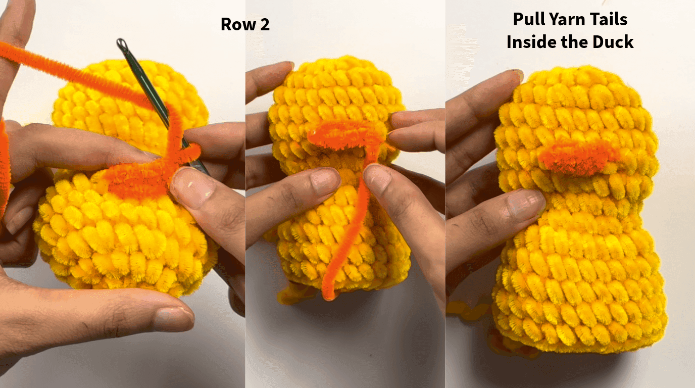 Three-stage sequence showing row 2 of the beak being completed and the yarn tails being pulled inside the duck to finish with no visible ends.