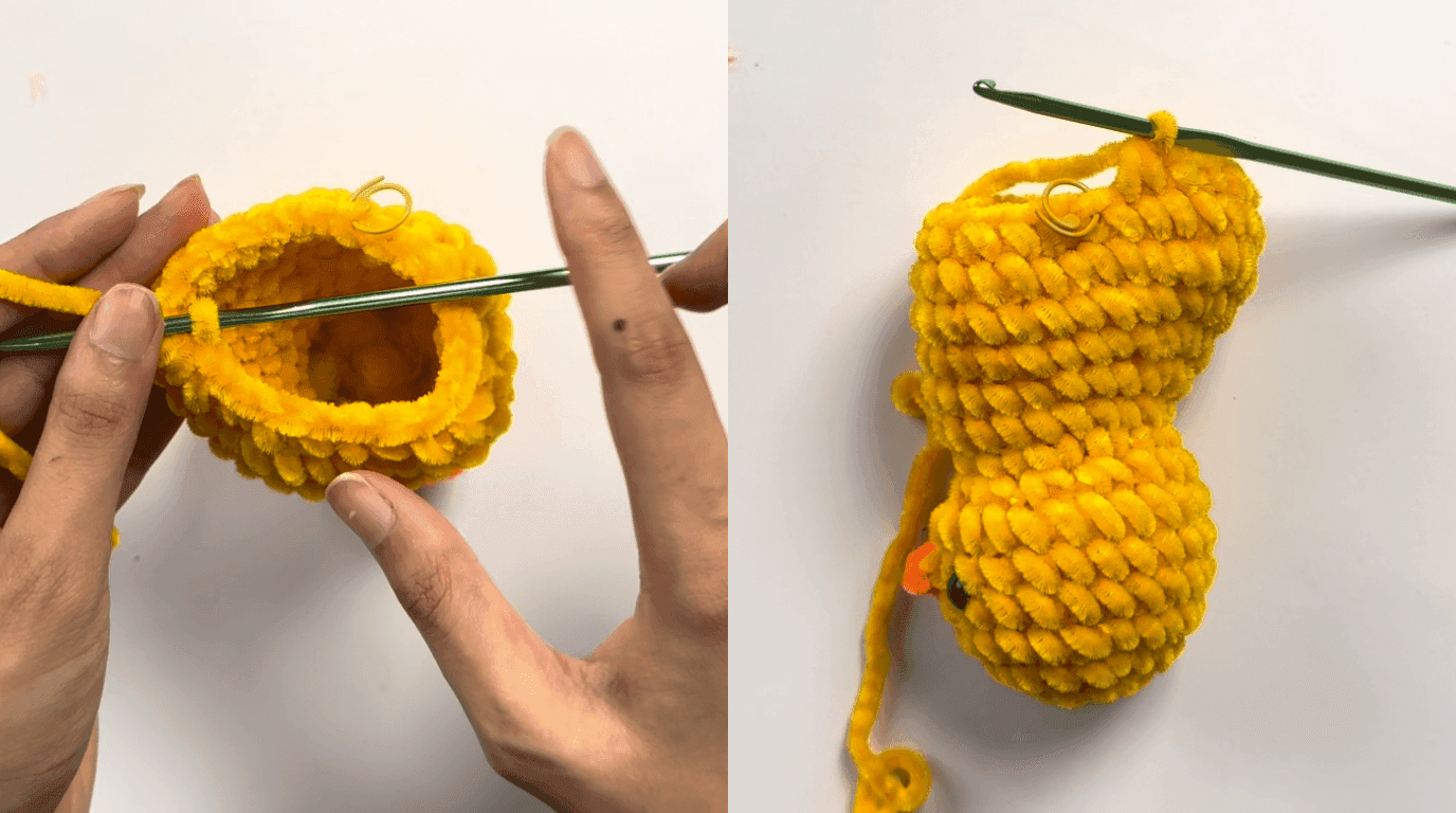 Close-up photos of round 15 showing the uneven decrease pattern that shapes the top of the duck's head into a rounded form before final closure.