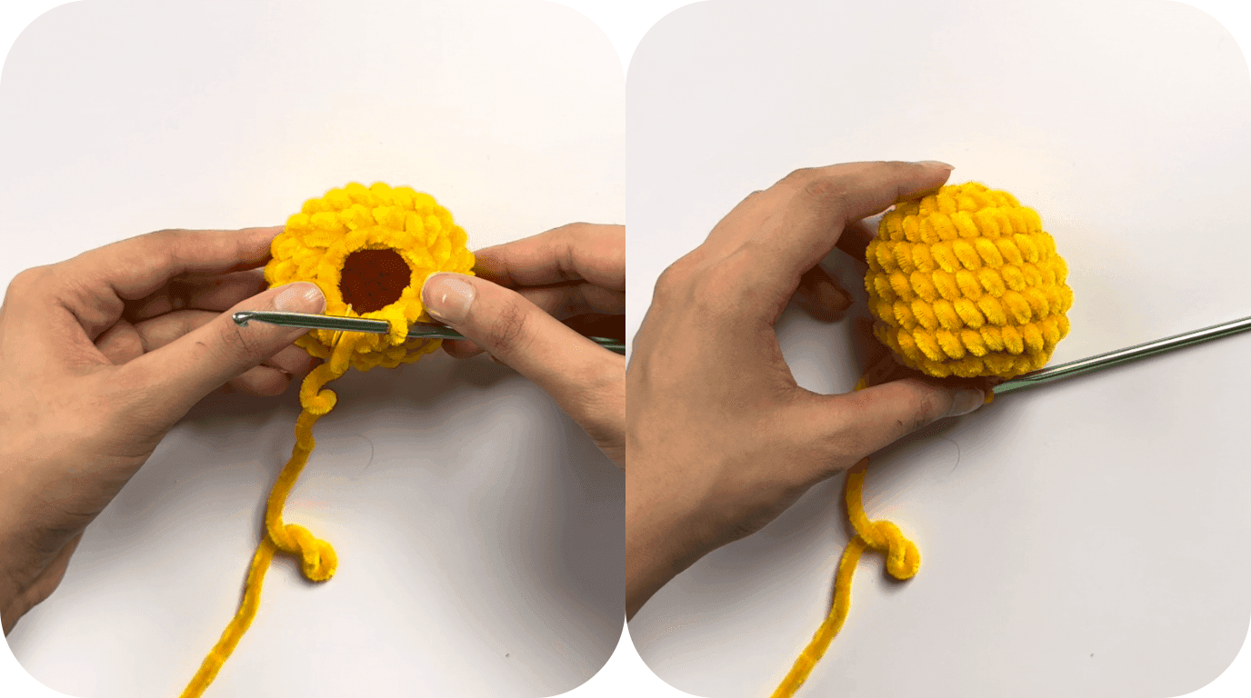 Close-up photo showing the crochet duck body with the distinctive waist narrowing created in round 8, demonstrating how the shape pulls inward.