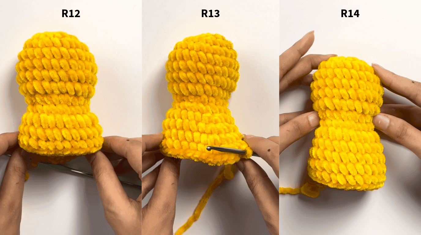 Three-stage photo series showing rounds 12, 13, and 14 of the crochet duck pattern as the head reaches its widest point and settles into its final rounded shape.