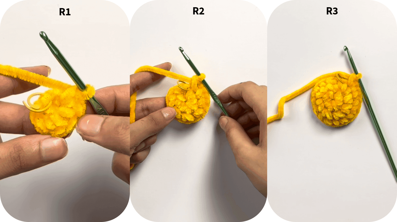 Three-stage progression photo showing how the crochet duck body develops from round 1's small ring through rounds 2 and 3 as it widens and curves.