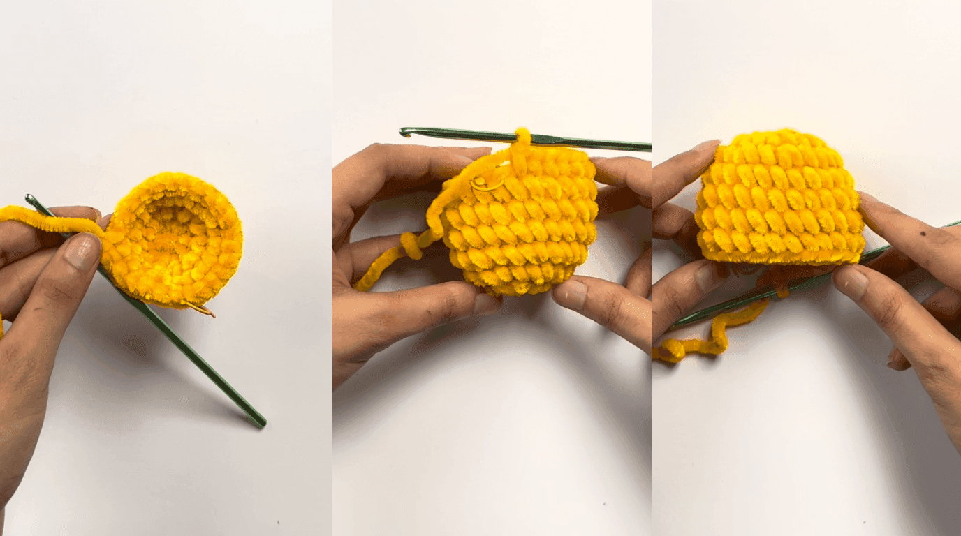Photos showing the crochet duck body developing through rounds 4-7, with the lower body walls building upward in a consistent shape.