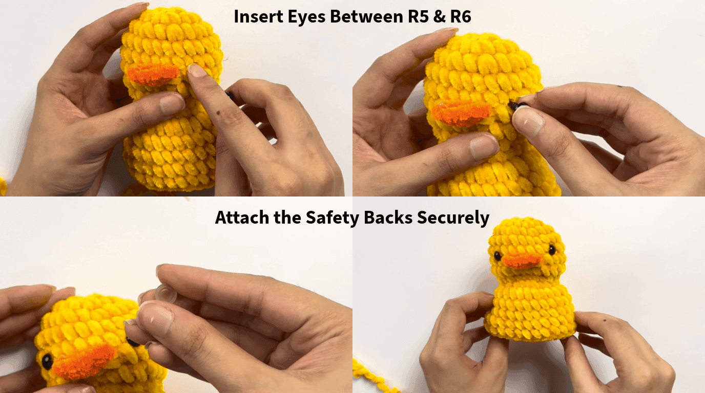 Four-step photo guide showing how to insert and secure 9mm safety eyes between rounds 5 and 6, positioned 2 stitches from the beak for symmetrical duck face placement.
