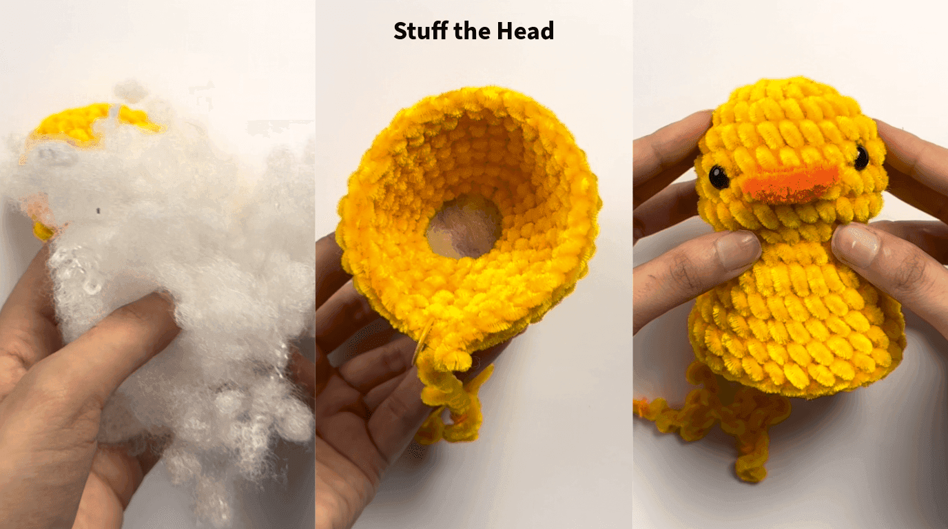 Three-step sequence showing fiberfill stuffing being added to the duck head during rounds 15 and 16, resulting in a firmly stuffed and properly shaped duck.