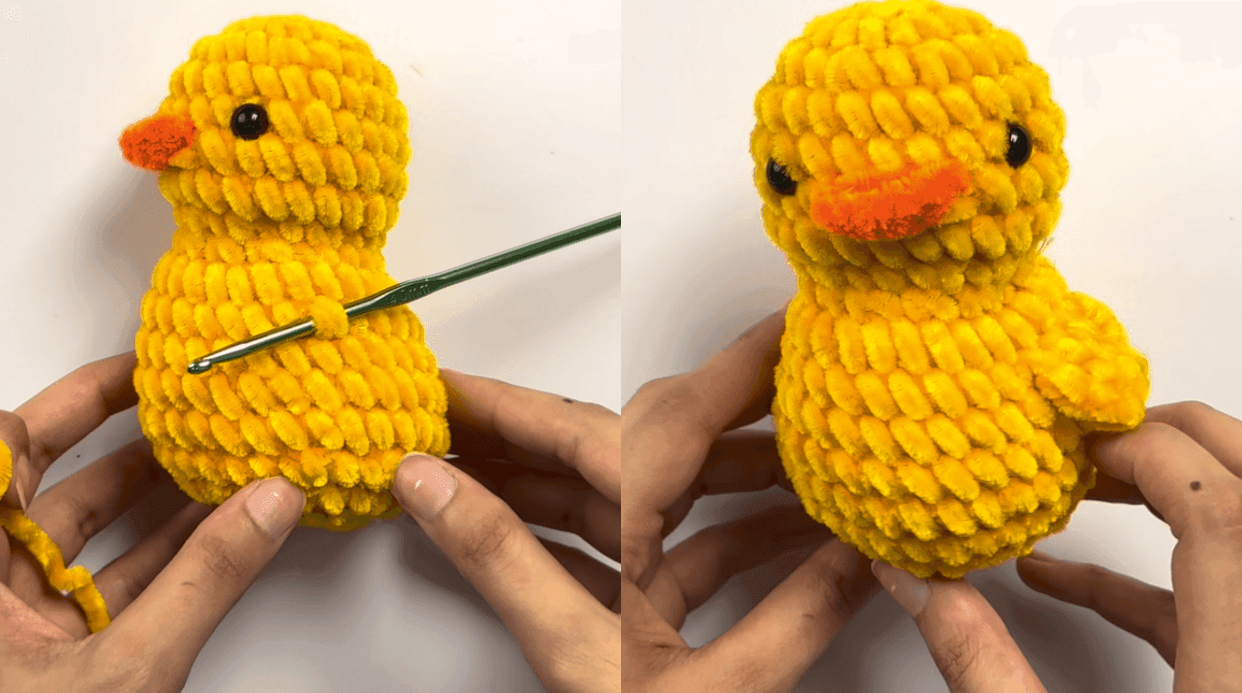 Photos showing the duck wings being crocheted directly onto the body at rounds 10 and 11, with both wings complete and positioned on the finished duck.