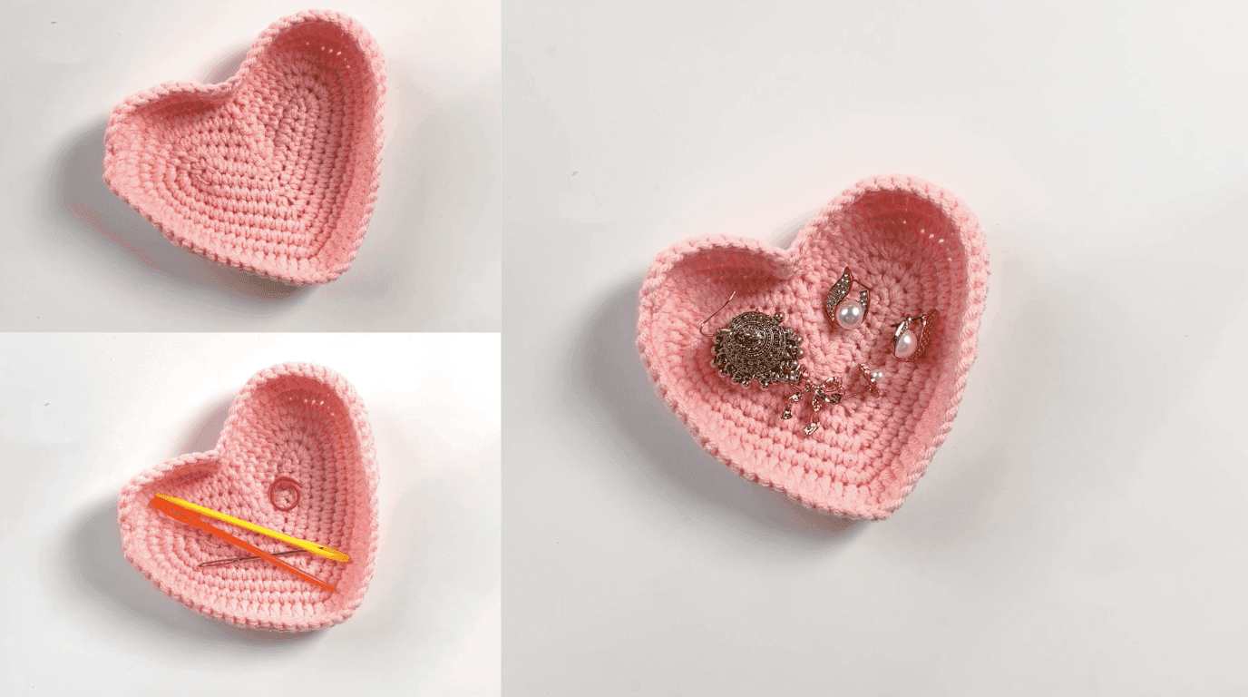 Three styled photos of finished pink crochet heart baskets: one empty basket on white background, one holding stitch markers and small notions, one holding small jewelry pieces and decorative items, showing practical use as ring dish and trinket holder