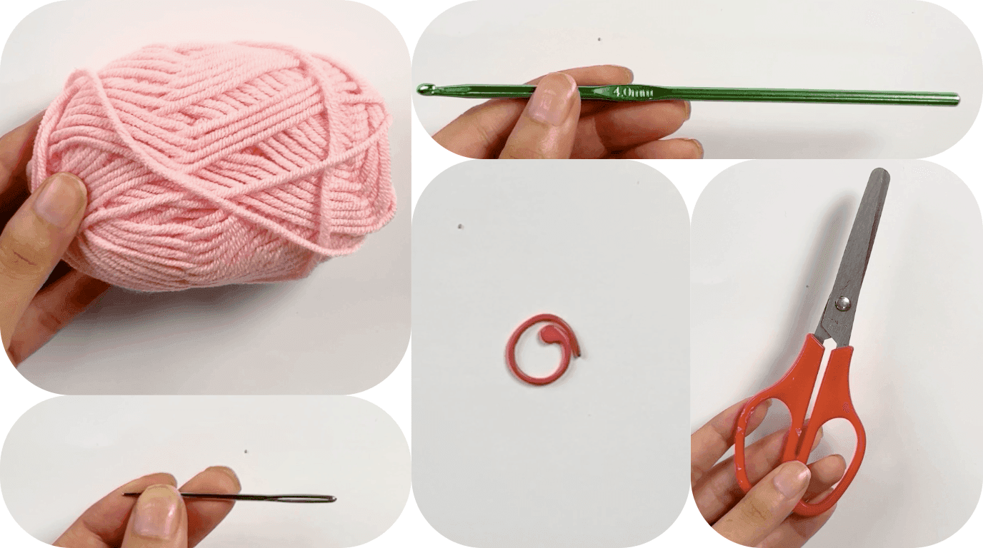Close-up of crochet hook working pink yarn to create foundation chain and first single crochet stitches of heart basket base, showing hand positioning and stitch formation from multiple angles on white background