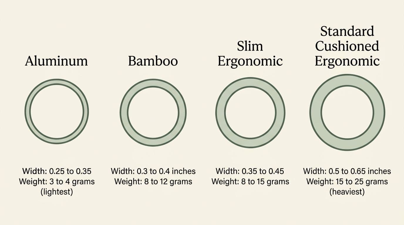 Diagram comparing crochet hook handle widths from thin aluminum to thick cushioned ergonomic grip
