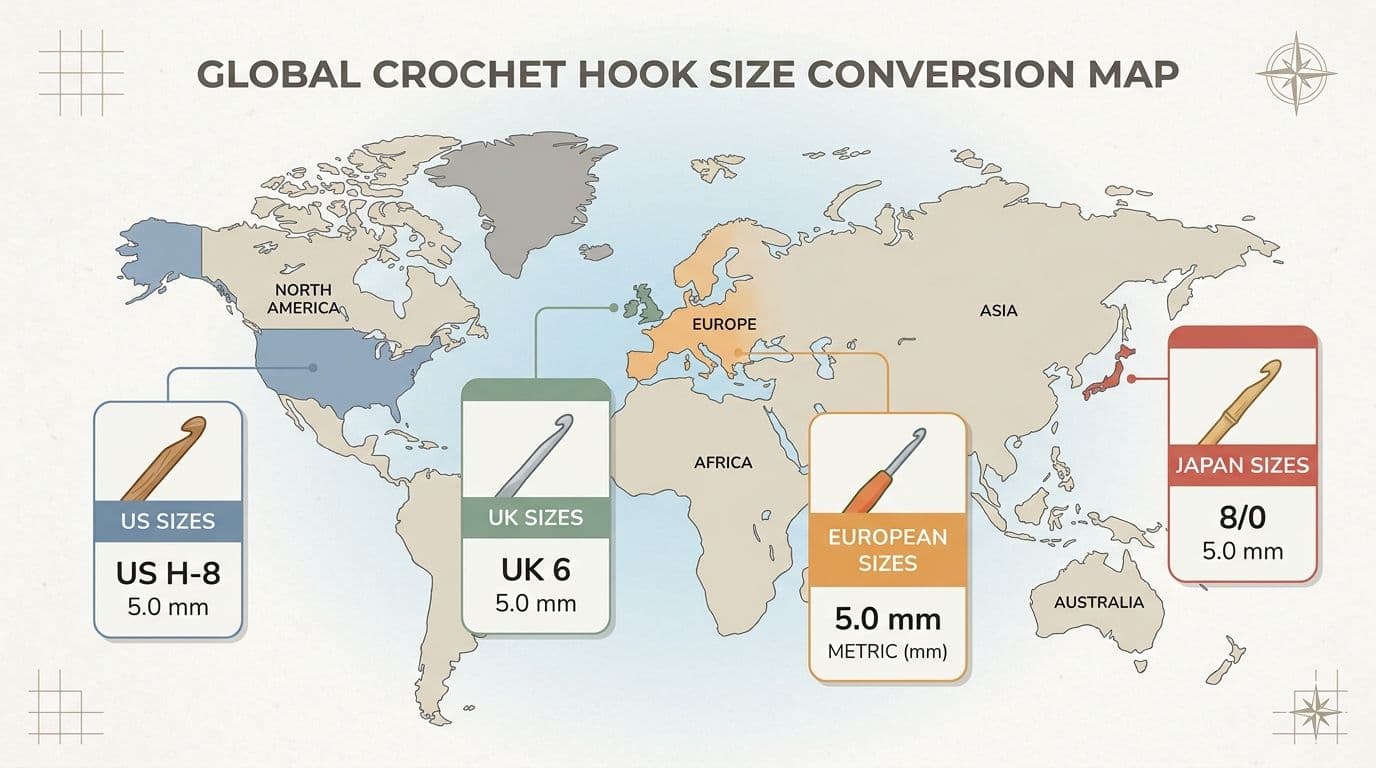 Map showing how crochet hook sizing systems differ between the US, UK, Europe, and Japan