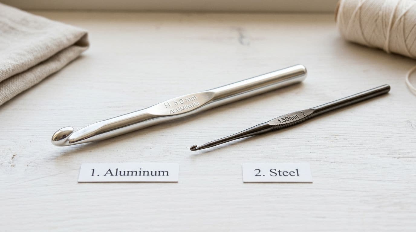 Side-by-side comparison: aluminum and steel crochet hooks showing smooth finish and material differences on white background