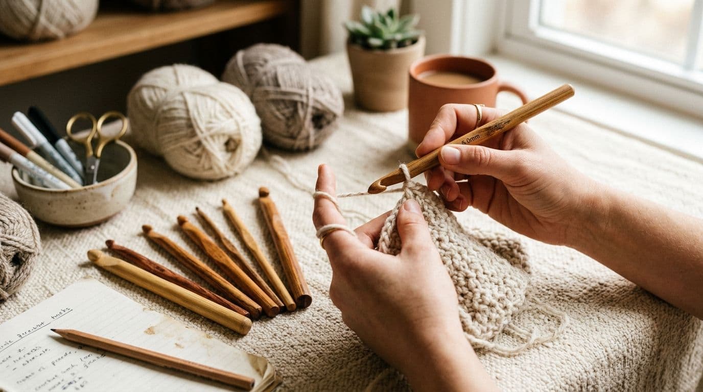 Bamboo crochet hook in hands on cozy fabric background showing natural wood texture and comfortable grip for extended crochet sessions