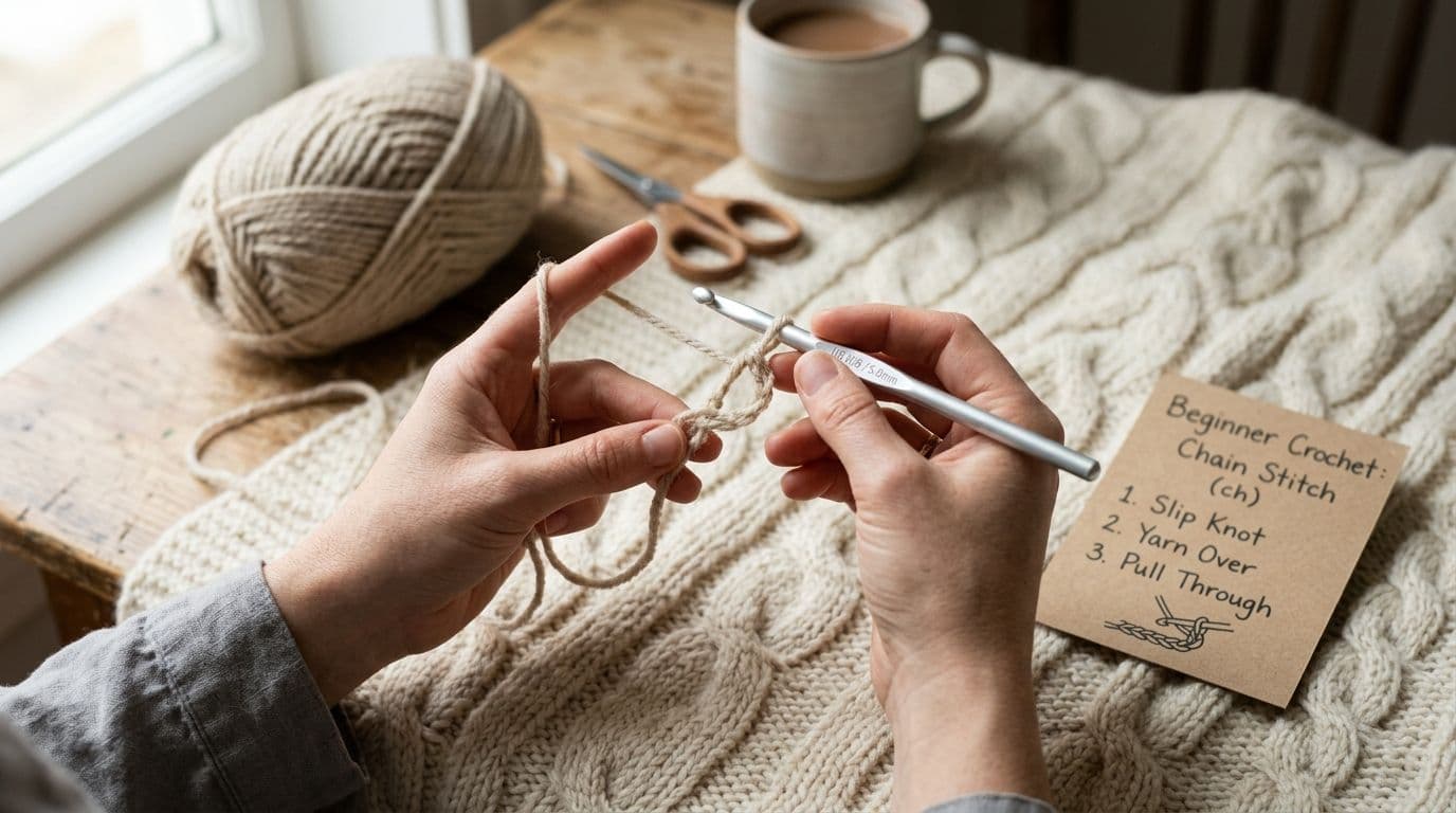 Beginner crochet setup: aluminum hook with worsted weight yarn on cozy workspace, showing ideal starter configuration for new crocheters