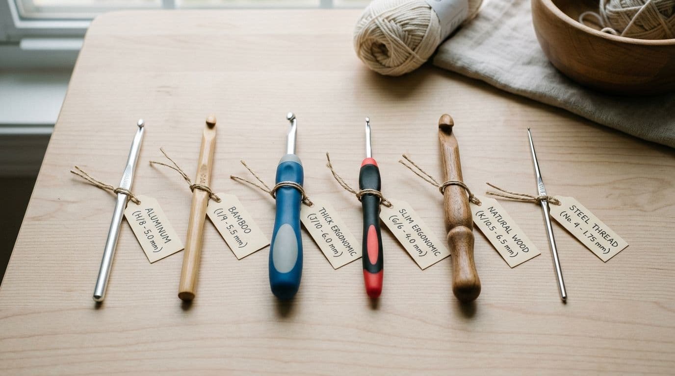 Comparison of crochet hook materials: aluminum, bamboo, cushioned ergonomic, slim ergonomic, wood, and steel