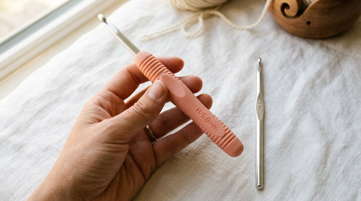 Ergonomic crochet hook with cushioned handle compared to standard hook, showing wider grip design for hand comfort and reduced strain