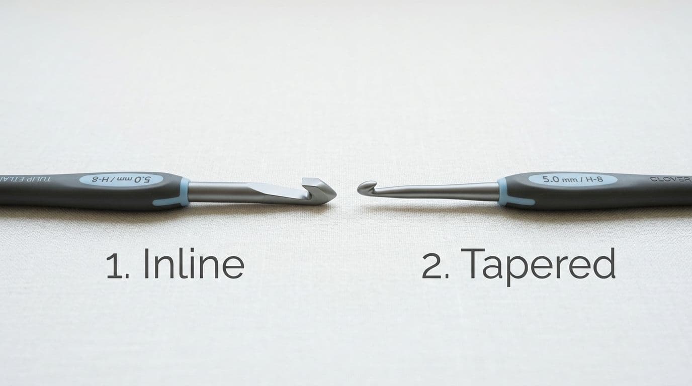 Comparison of inline and tapered crochet hook head shapes on white background, showing angular versus rounded hook designs