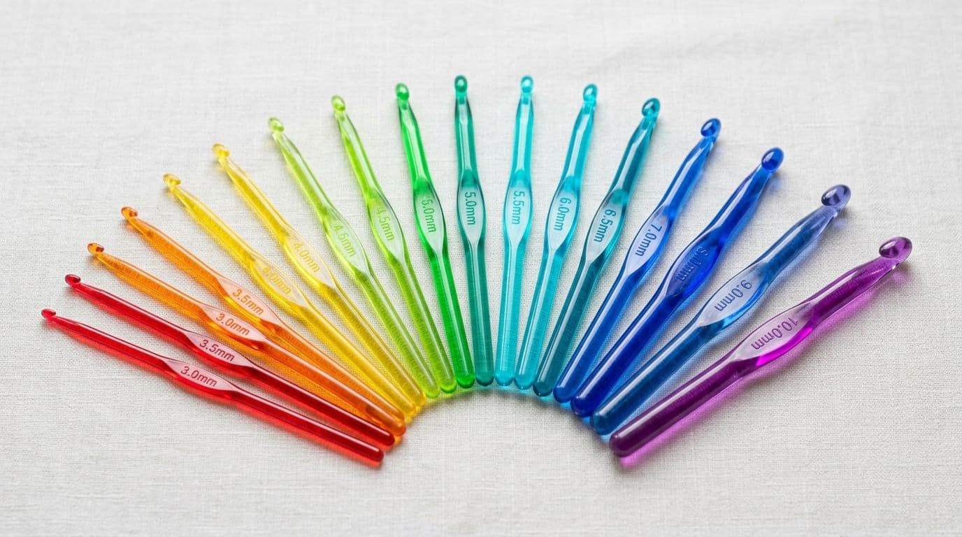 Assorted plastic and acrylic crochet hooks in multiple colors and sizes displayed on white background, showing beginner-friendly hook options