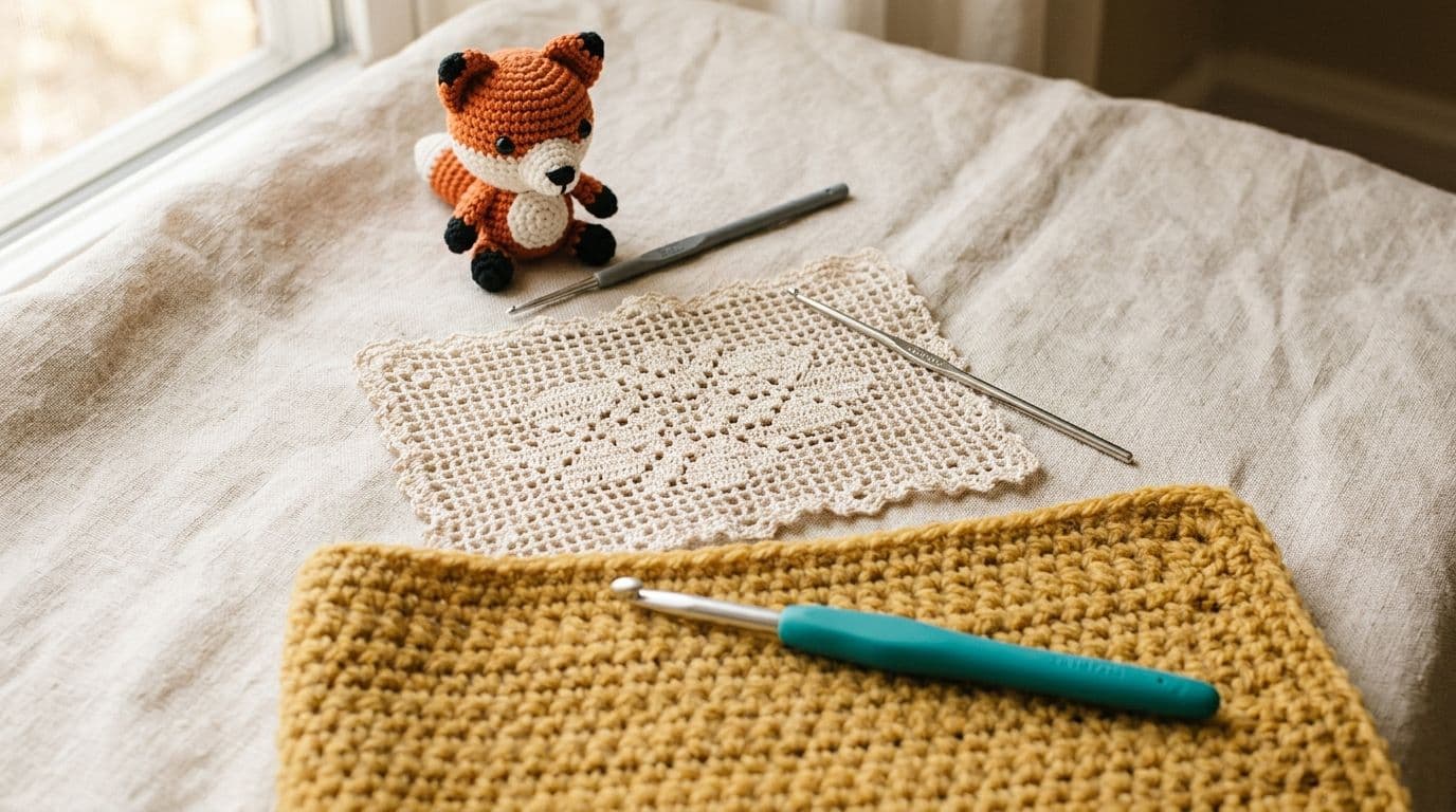 Inspiration showcase of three crochet projects—amigurumi, filet lace, and worsted blanket—demonstrating different hook materials suited to each project type