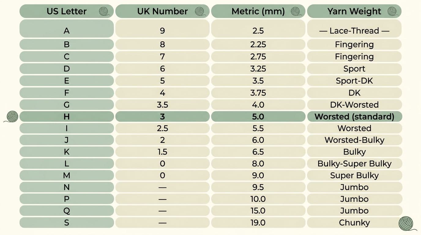 Crochet hook size conversion chart showing US letter, UK number, and metric millimeter sizes side by side