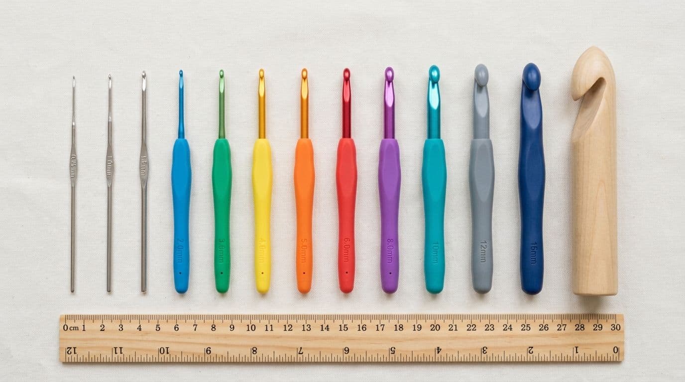 Crochet hooks arranged in size progression from smallest to jumbo