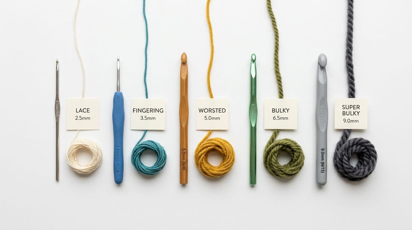 A range of crochet hooks in graduated sizes laid next to yarn strands showing the correct hook-to-yarn-weight pairing