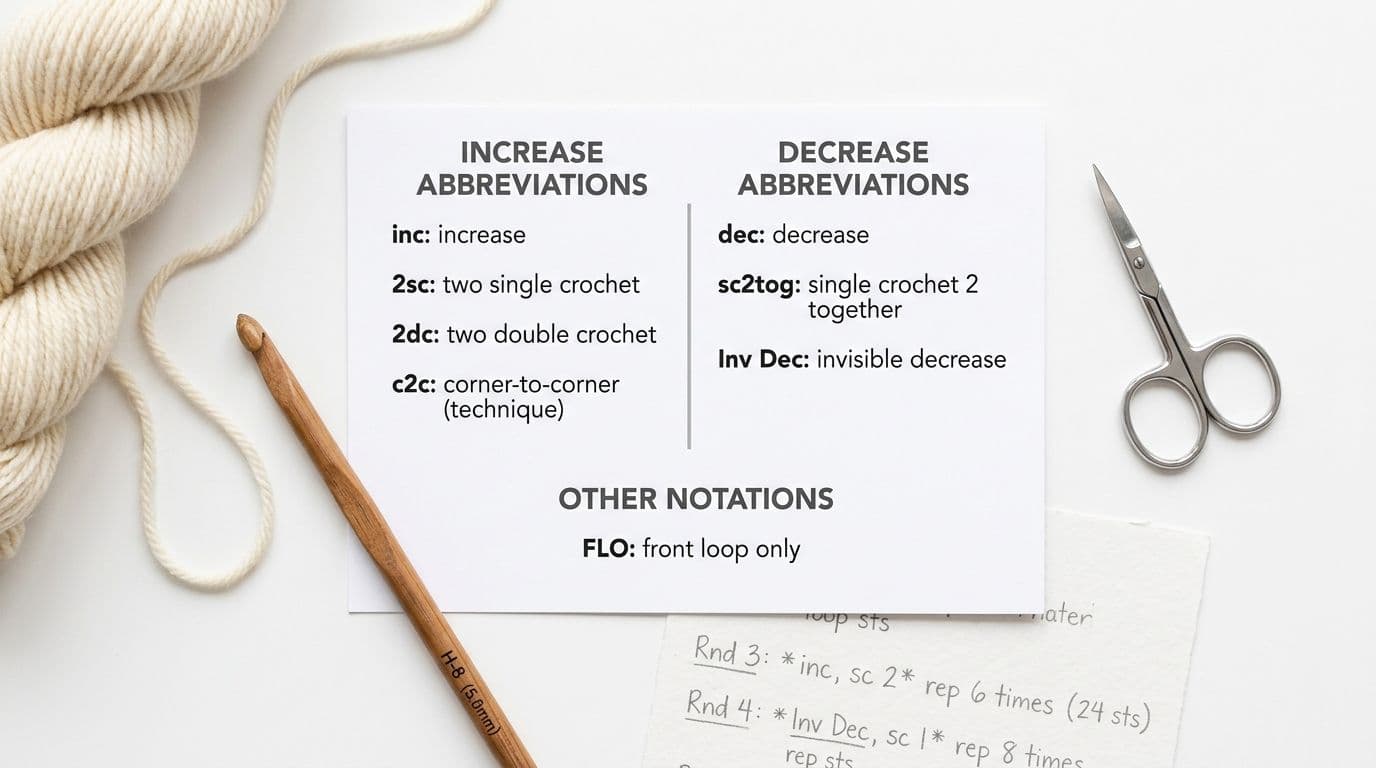 Reference chart displaying common crochet abbreviations for increase and decrease stitches including inc, dec, sc2tog, FLO, Inv Dec, and c2c