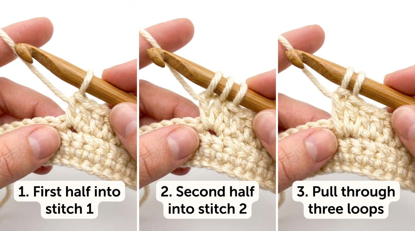 Step-by-step tutorial showing how to perform a double crochet decrease worked in two halves before final pull-through