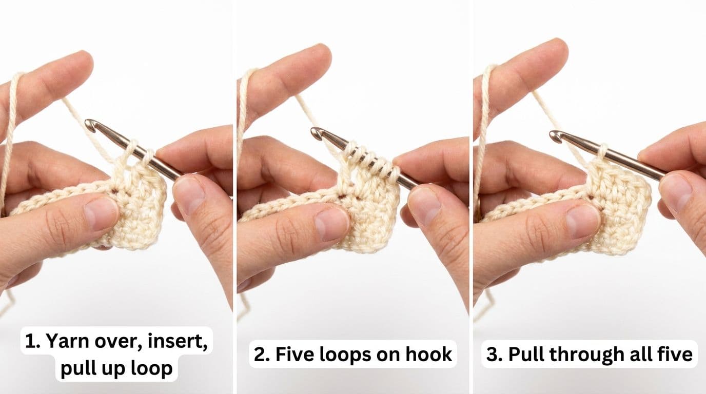 Step-by-step tutorial showing how to perform a half double crochet decrease with numbered labels demonstrating five-loop pull-through technique
